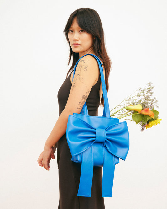 Caitlin Snell | Market Bag | Blue Bag | Leather | Vinyl | Bow Bag | Handmade | Ethical Fashion | Sustainable Fashion | Gift | New Zealand Made | Small Business | Natural Fibre | Durable | Chic | Hair Accessory | Slow Fashion 