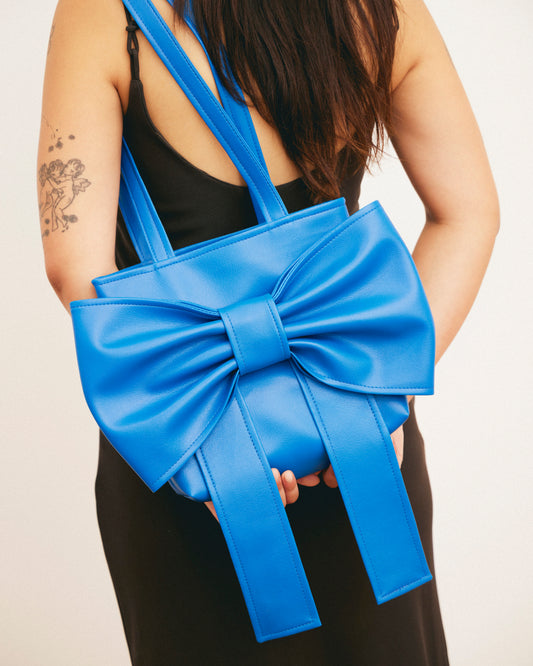 Caitlin Snell | Market Bag | Blue Bag | Leather | Vinyl | Bow Bag | Handmade | Ethical Fashion | Sustainable Fashion | Gift | New Zealand Made | Small Business | Natural Fibre | Durable | Chic | Hair Accessory | Slow Fashion 